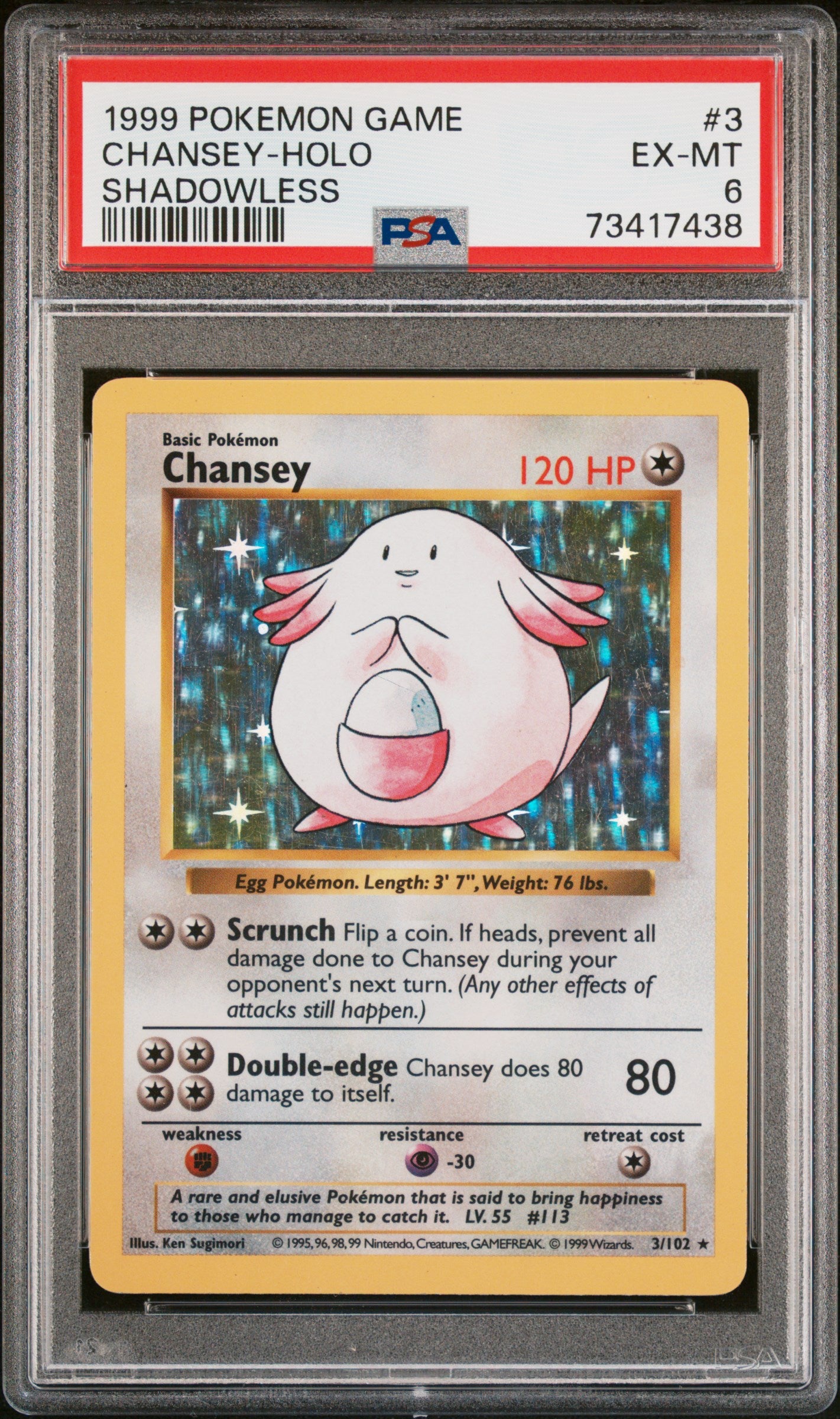 1999 Pokemon Game #3 Chansey-Holo Shadowless PSA 6