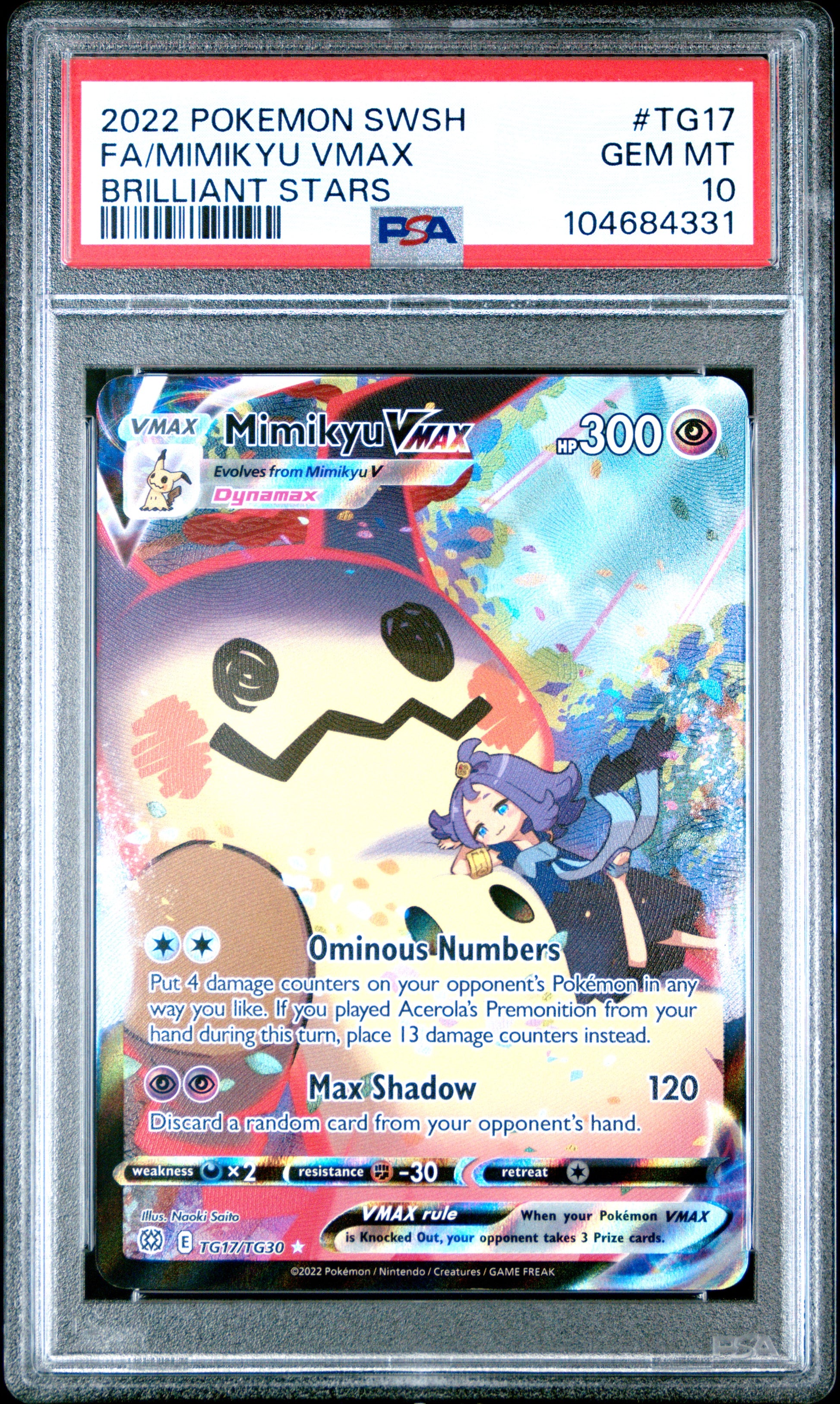 2022 Pokemon Sword & Shield Brilliant Stars #TG17 Fa/Mimikyu Vmax PSA 10