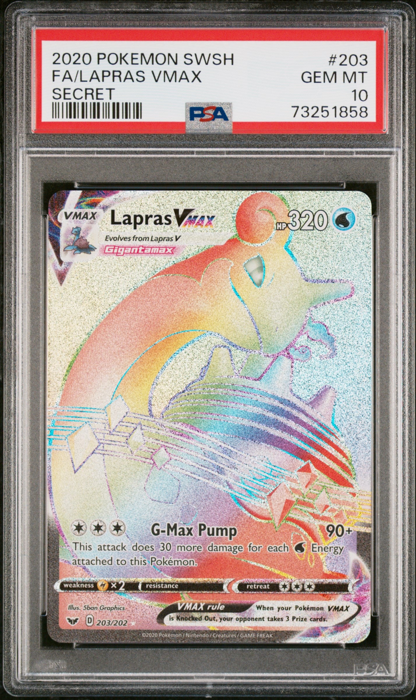 2020 Pokemon Sword & Shield #203 Fa/Lapras Vmax Secret PSA 10