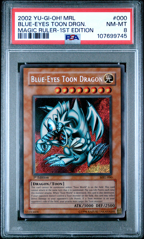 2002 Yu-Gi-Oh! Mrl-Magic Ruler #000 Blue-Eyes Toon Drgn. 1st Edition PSA 8
