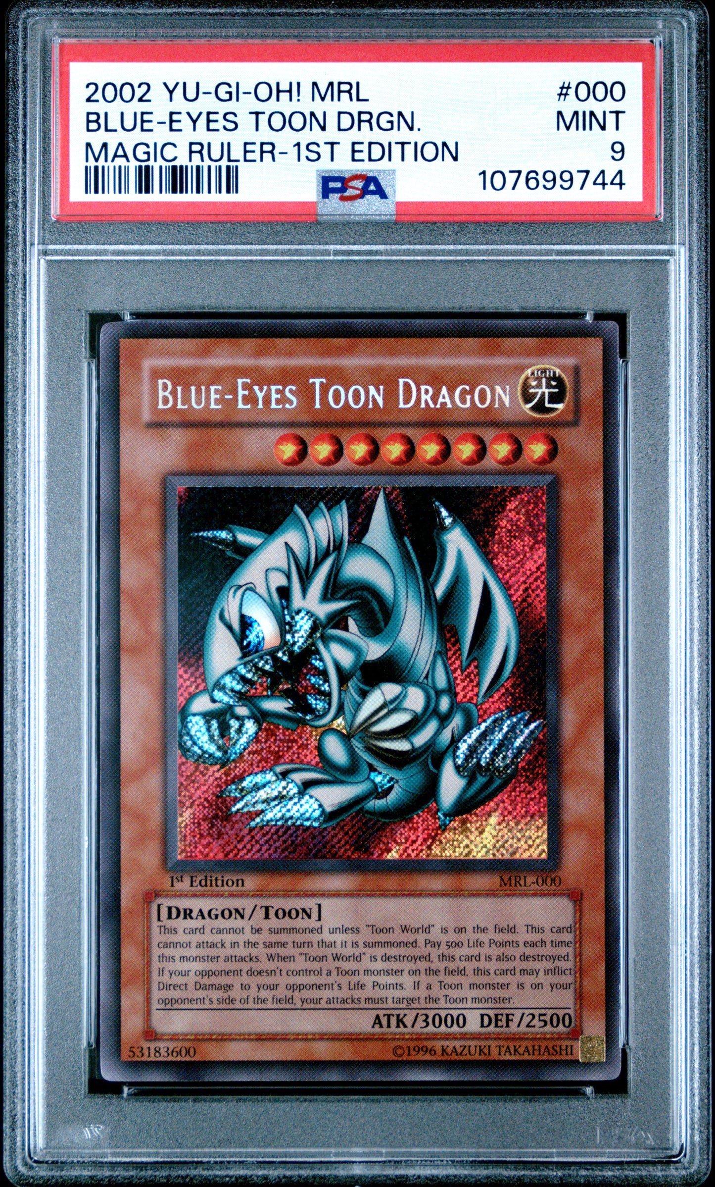 2002 Yu-Gi-Oh! Mrl-Magic Ruler #000 Blue-Eyes Toon Drgn. 1st Edition PSA 9