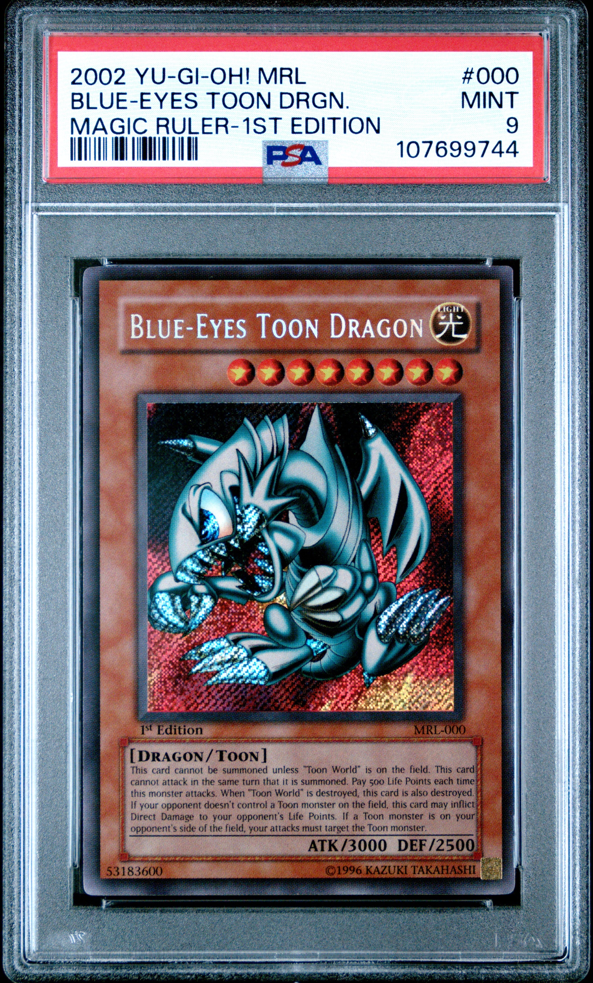 2002 Yu-Gi-Oh! Mrl-Magic Ruler #000 Blue-Eyes Toon Drgn. 1st Edition PSA 9