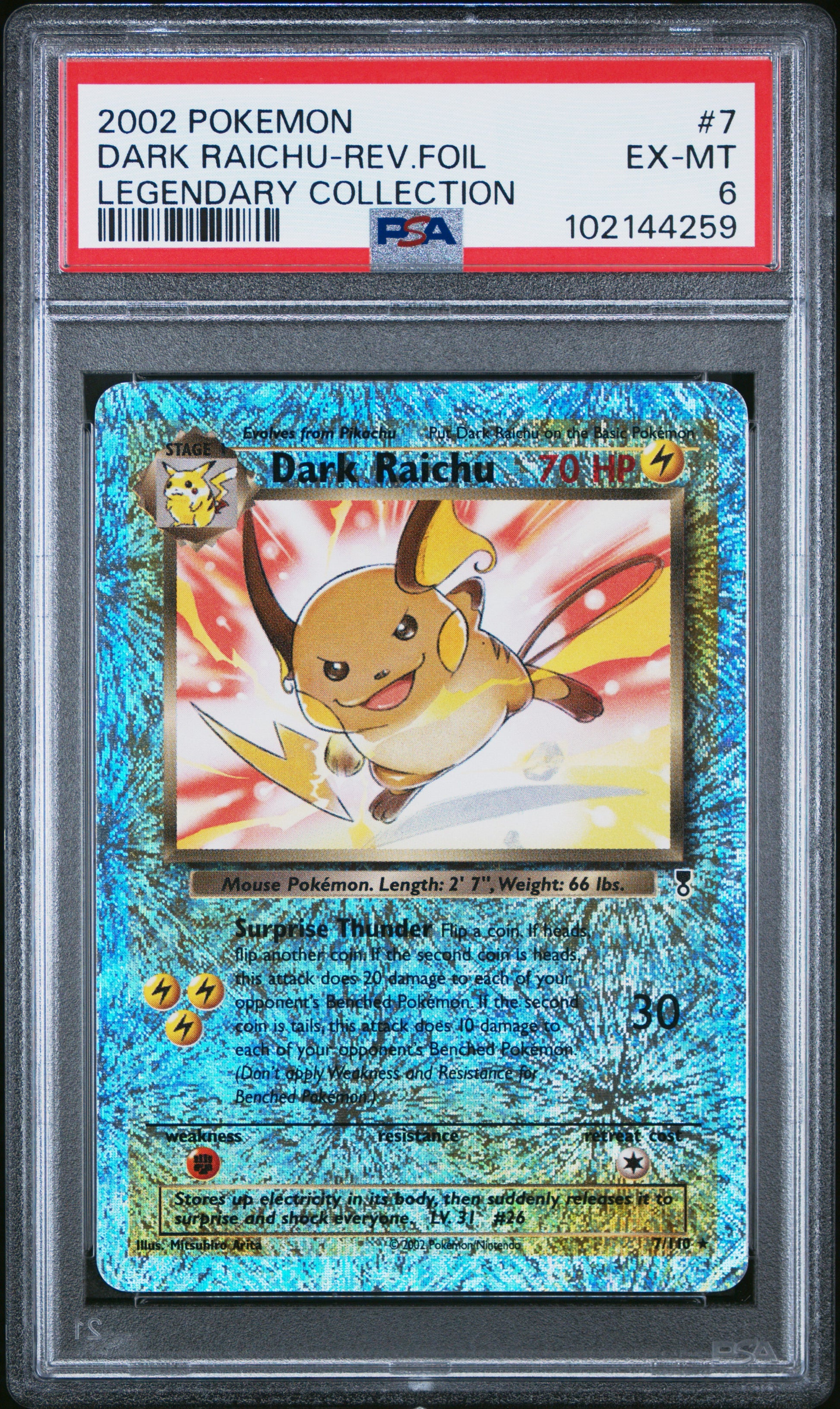 2002 Pokemon Legendary Collection Dark Raichu-Rev.Foil #7 PSA 6