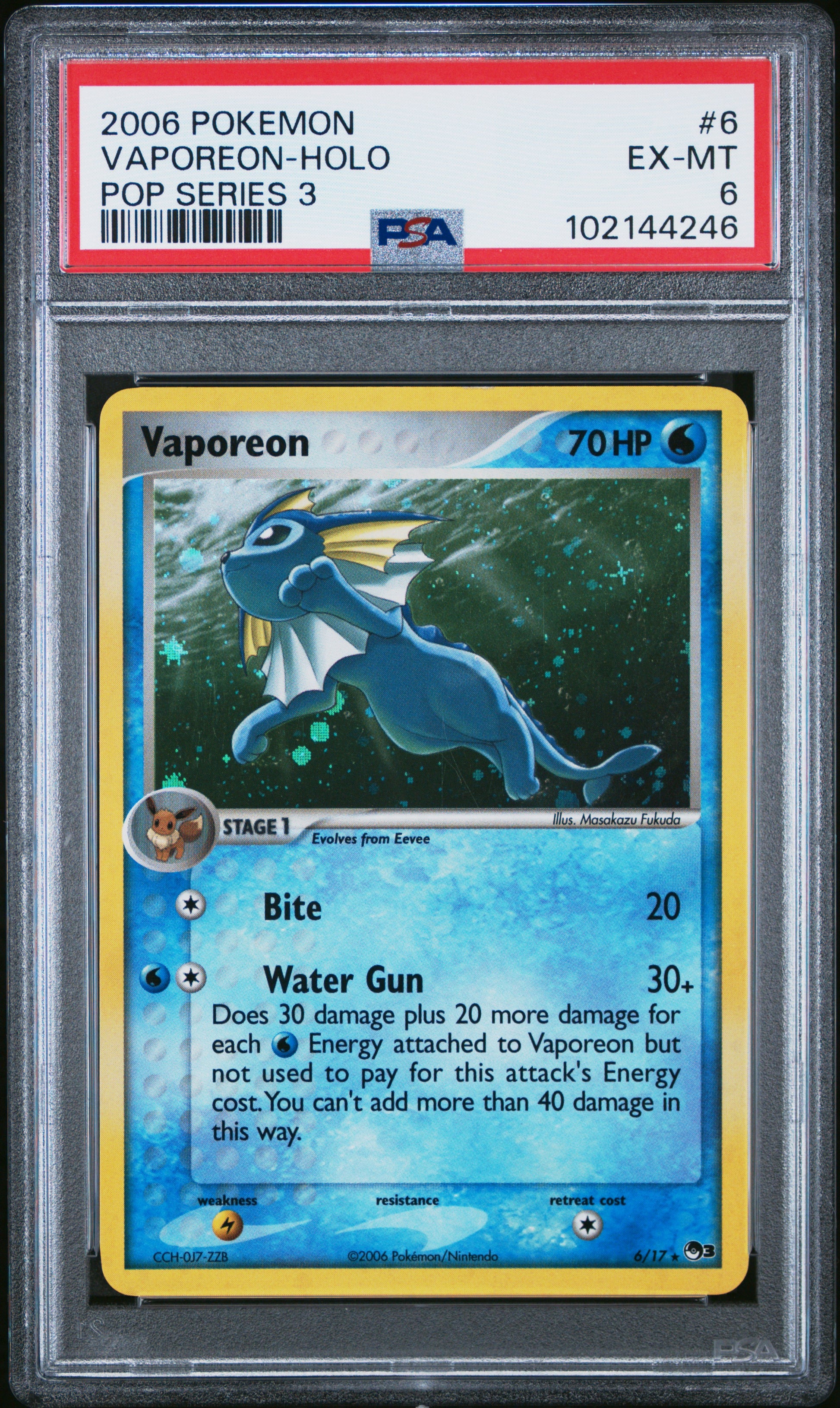 2006 Pokemon Pop Series 3 Vaporeon-Holo #6 PSA 6 – Aloha Card Shop