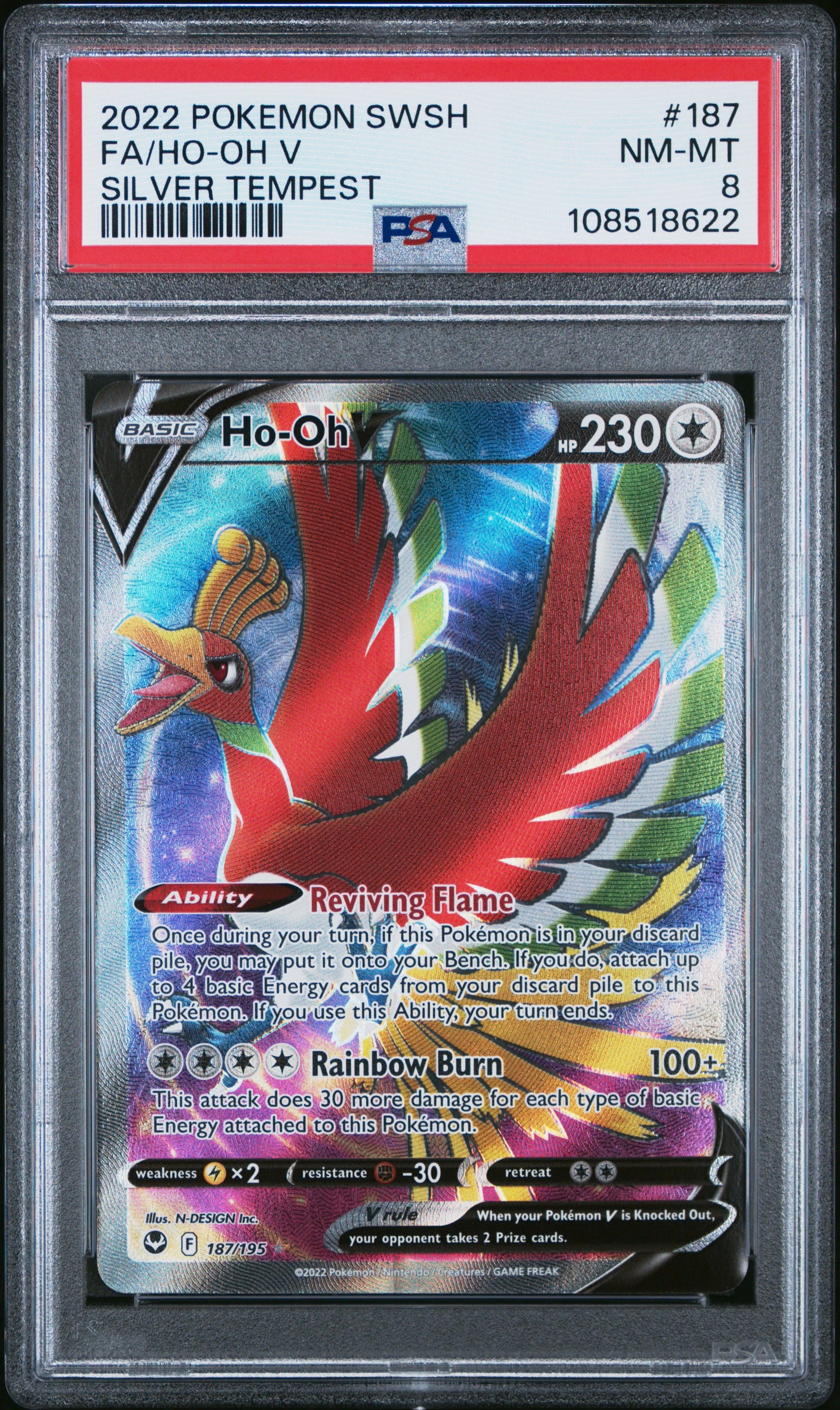 2022 Pokemon Sword & Shield Silver Tempest #187 Fa/Ho-Oh V Silver Tempest PSA 8
