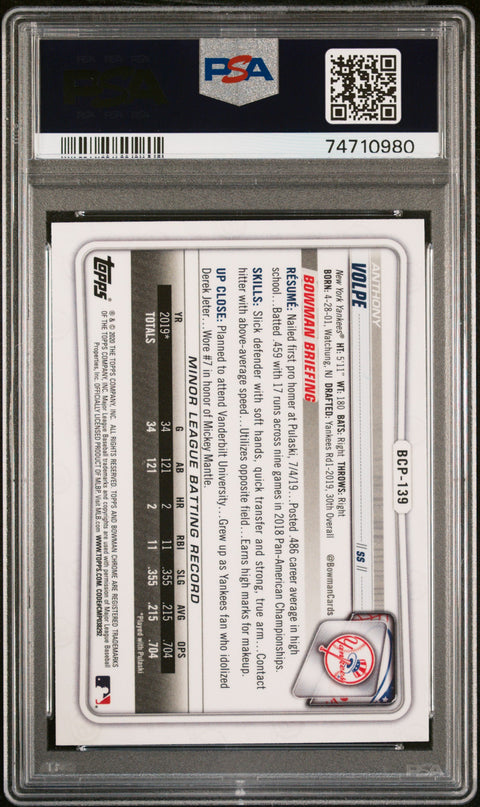 2020 Bowman Chrome Prospects #BCP139 Anthony Volpe Prospects PSA 9