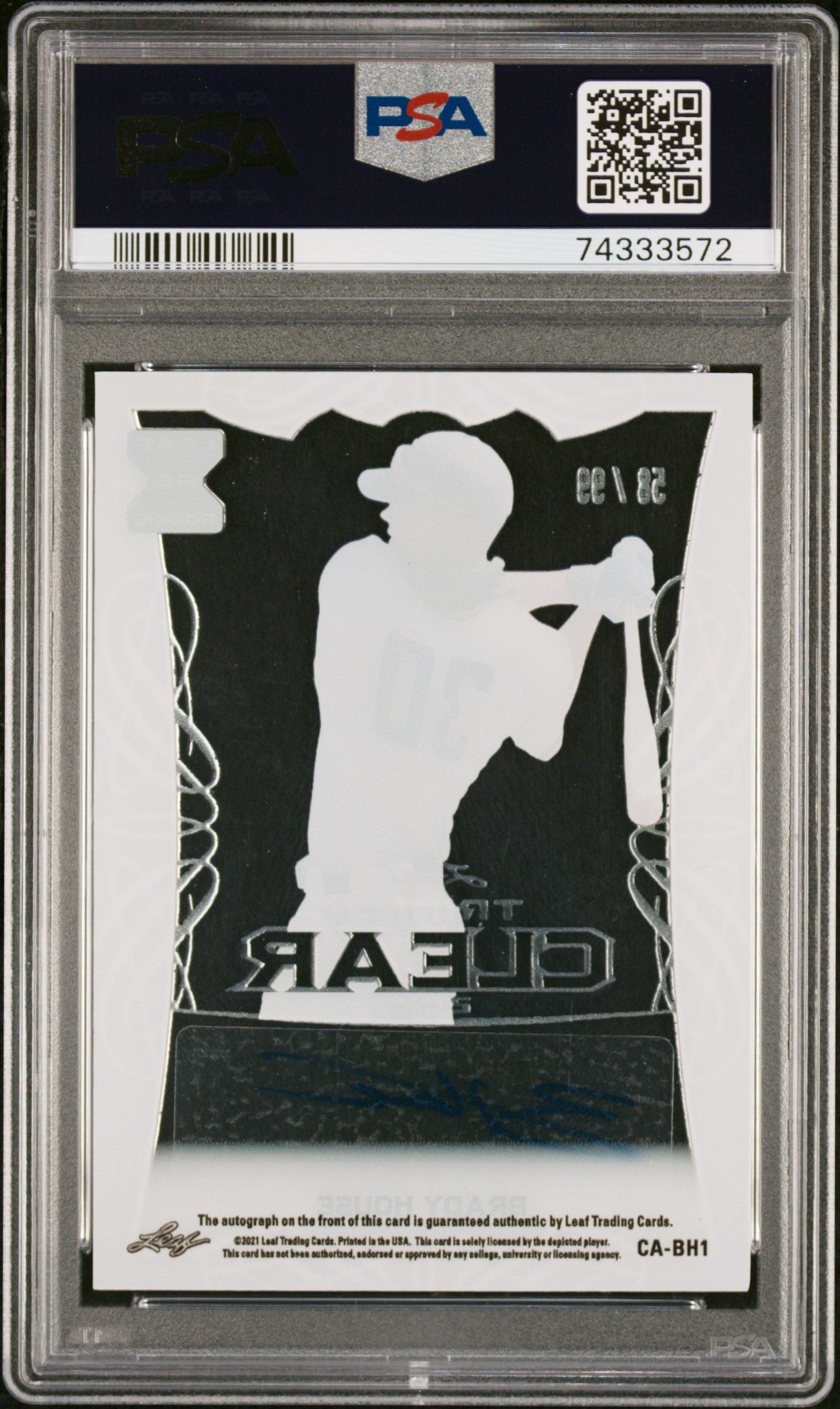 2021 Leaf Trinity Clear Autograph #BH1 Brady House Clear Auto-Platinum PSA 9