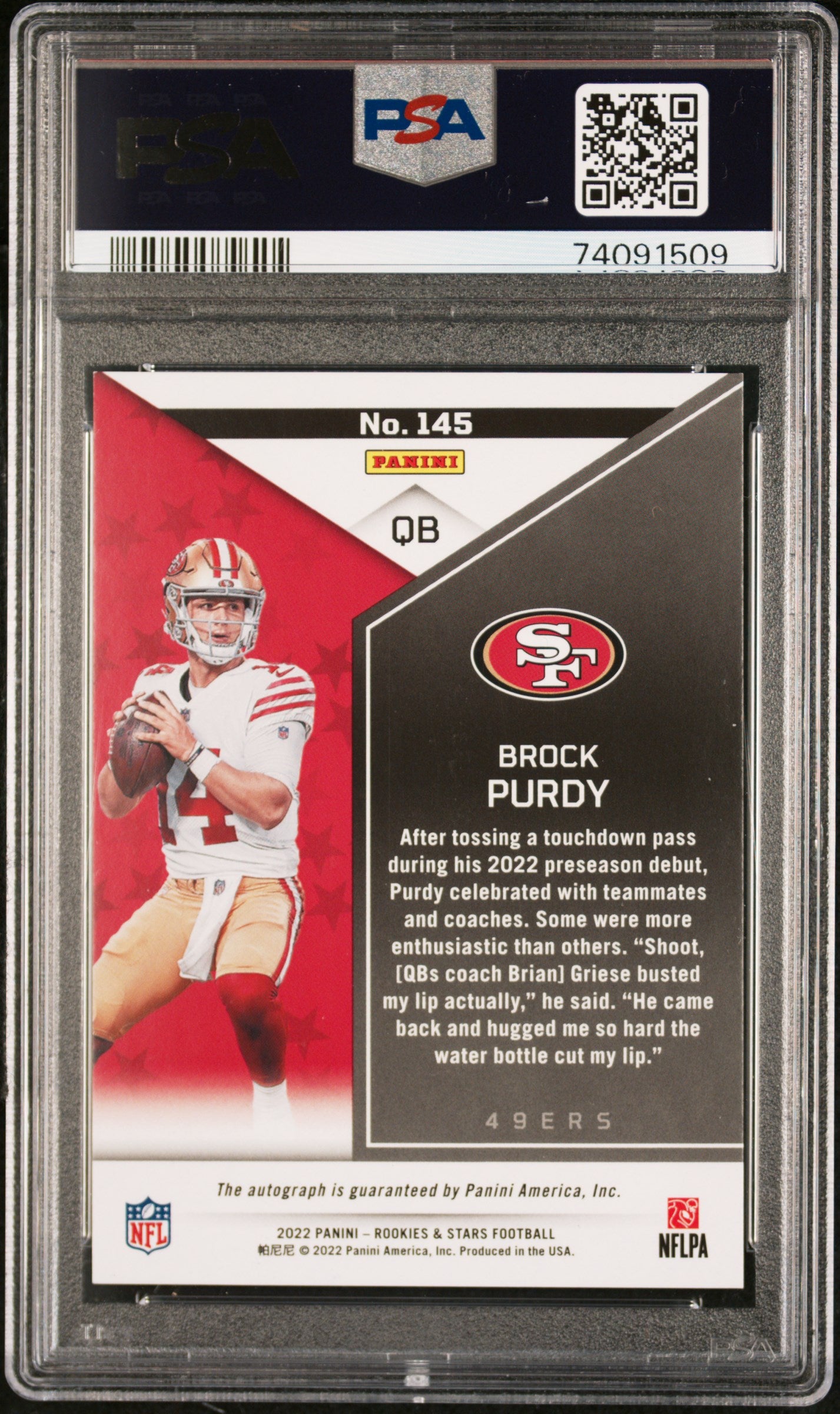 2022 Panini Rookies & Stars #145 Brock Purdy Signature-True Blue PSA 9