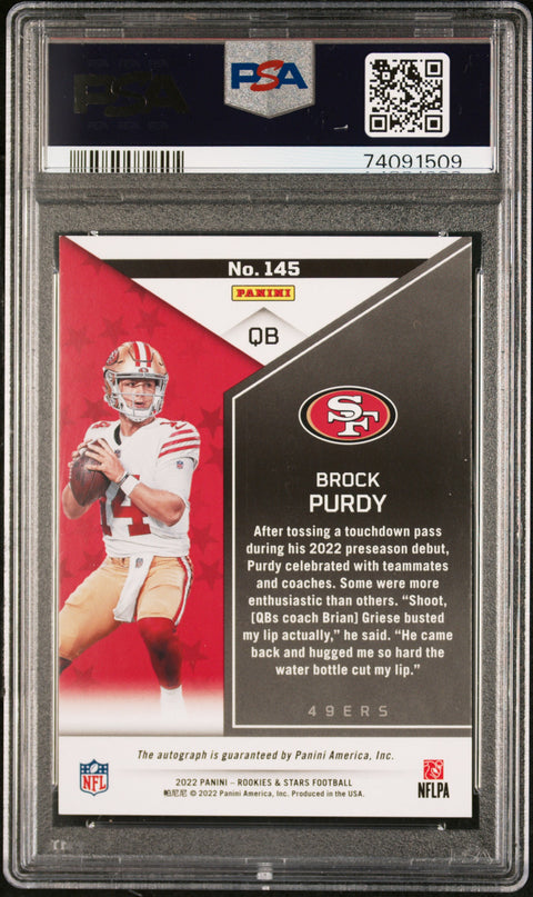 2022 Panini Rookies & Stars #145 Brock Purdy Signature-True Blue PSA 9