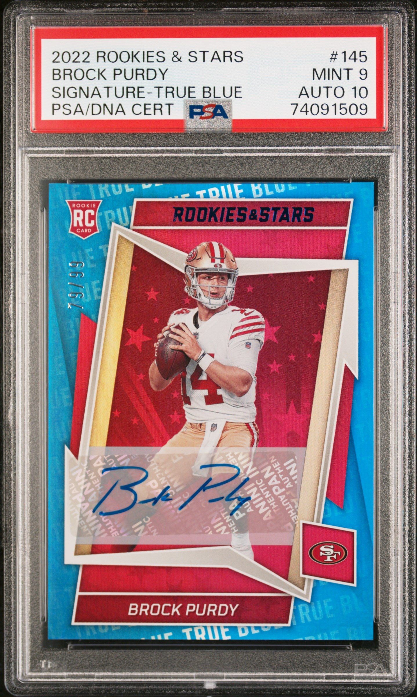 2022 Panini Rookies & Stars #145 Brock Purdy Signature-True Blue PSA 9