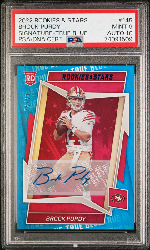 2022 Panini Rookies & Stars #145 Brock Purdy Signature-True Blue PSA 9