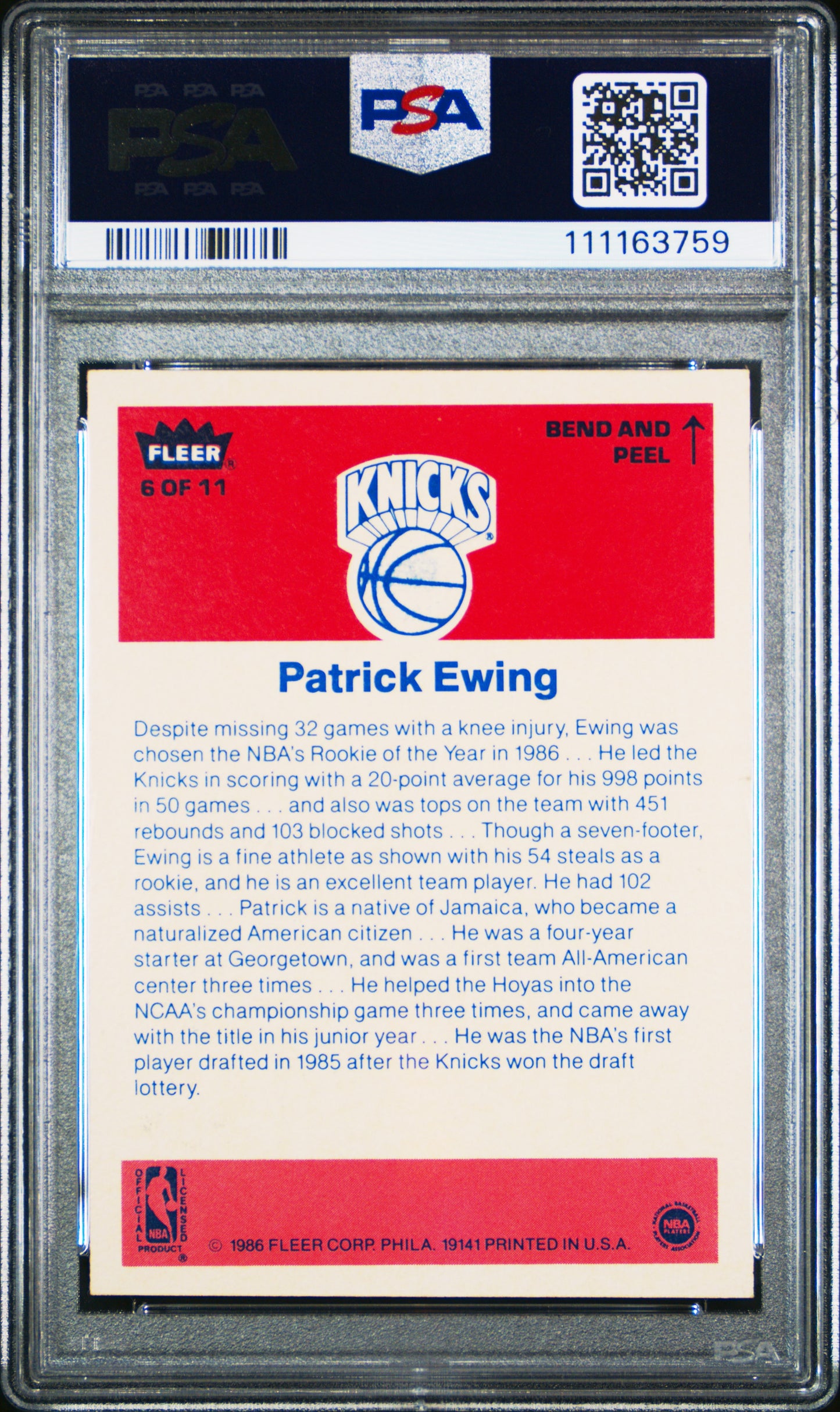 1986 Fleer Sticker #6 Patrick Ewing PSA 7