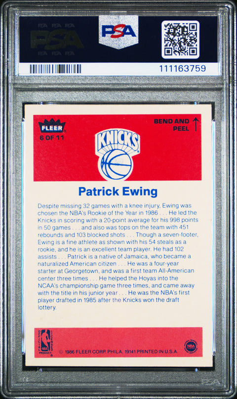 1986 Fleer Sticker #6 Patrick Ewing PSA 7