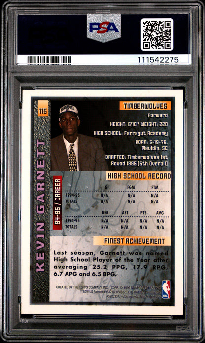 1995 FINEST KEVIN GARNETT #115 W/COATING PSA 7