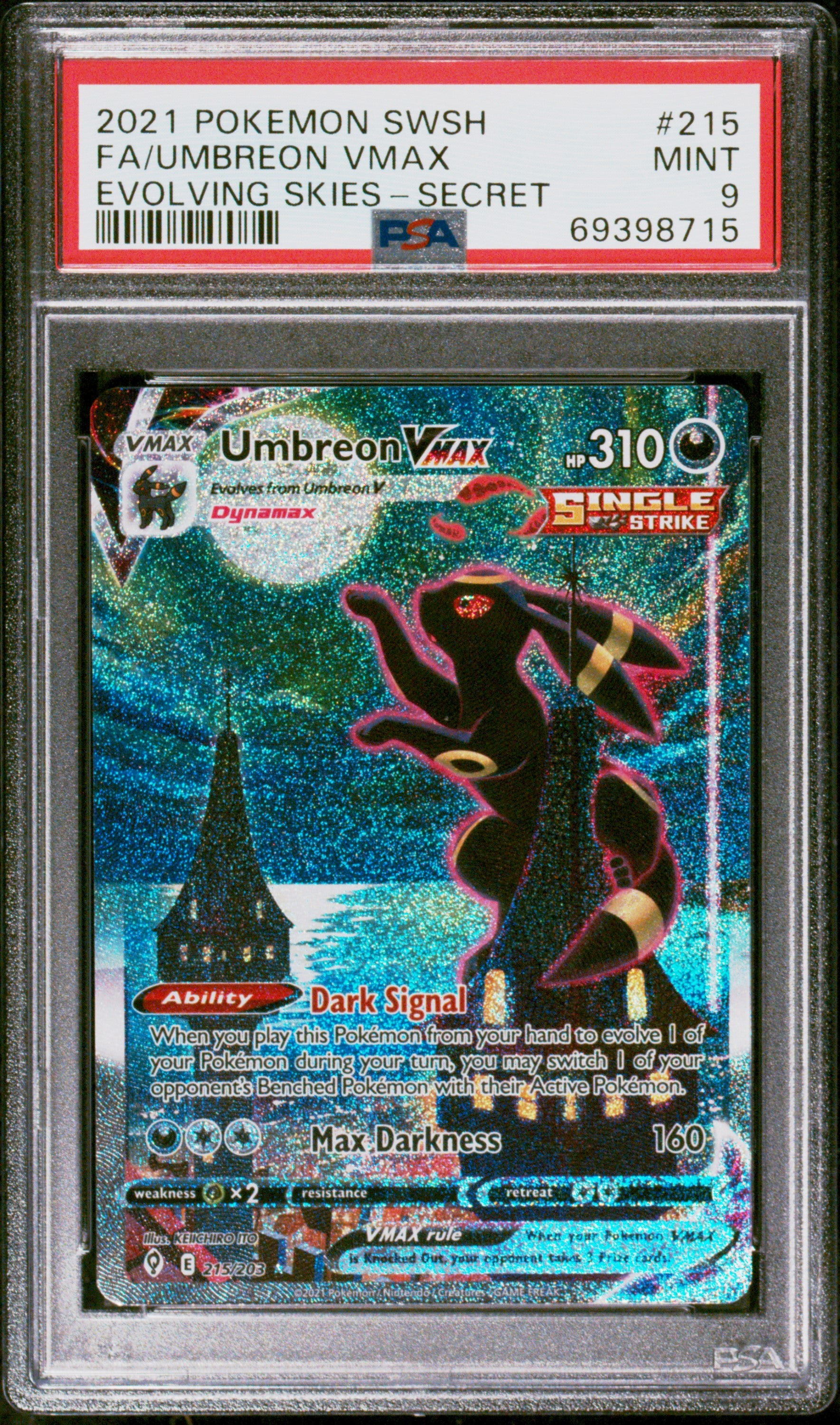 2021 Pokemon Sword & Shield Evolving Skies #215 Fa/Umbreon Vmax Secret PSA 9