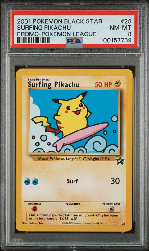 2001 Pokemon Promo Black Star #28 Surfing Pikachu Promo-Pokemon League PSA 8