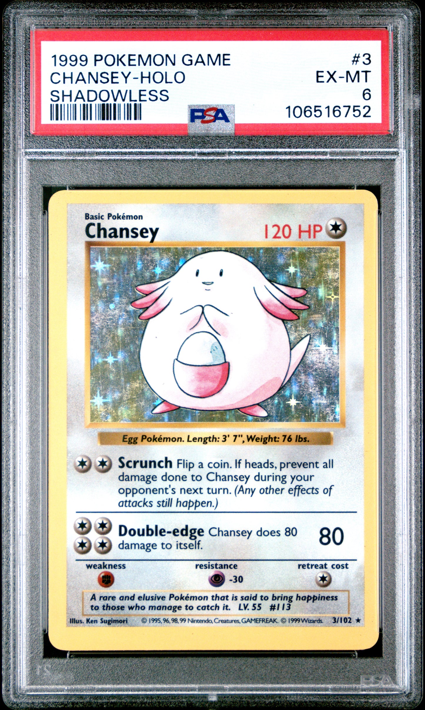 1999 Pokemon Game #3 Chansey-Holo Shadowless PSA 6