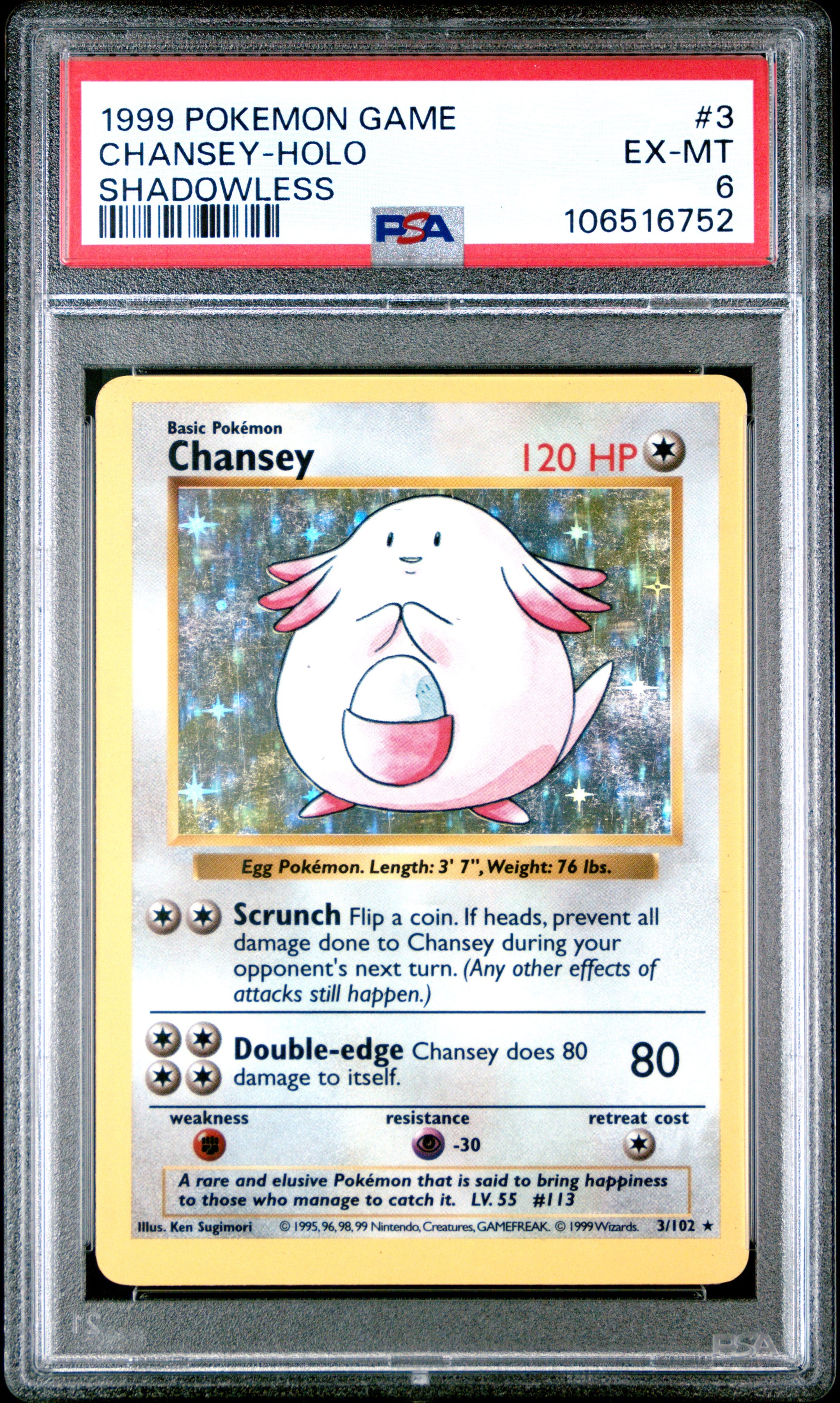 1999 Pokemon Game #3 Chansey-Holo Shadowless PSA 6