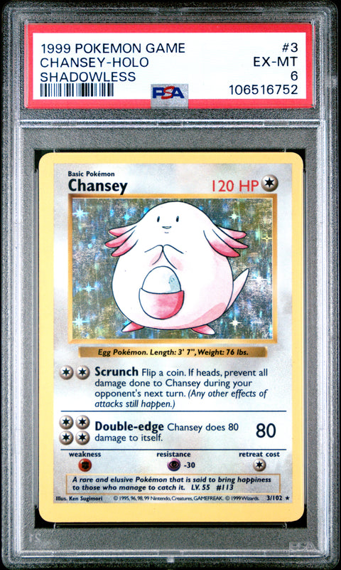 1999 Pokemon Game #3 Chansey-Holo Shadowless PSA 6