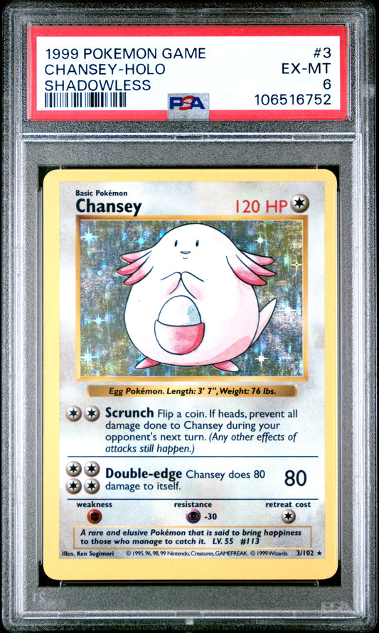 1999 Pokemon Game #3 Chansey-Holo Shadowless PSA 6