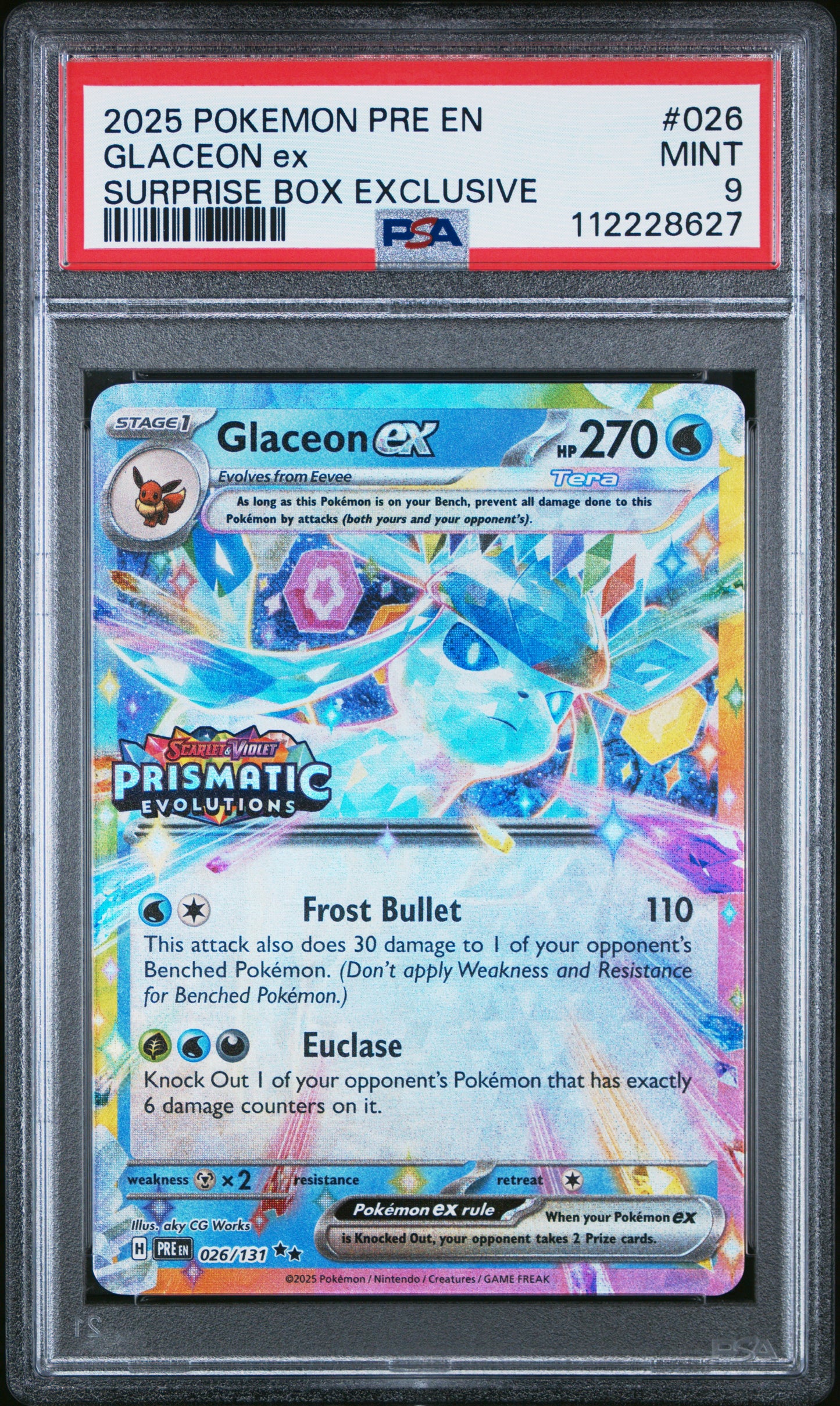 2025 Pokemon Pre En-Prismatic Evolutions #026 Glaceon Ex Surprise Box PSA 9