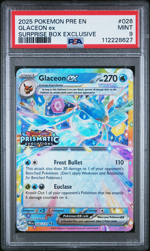 2025 Pokemon Pre En-Prismatic Evolutions #026 Glaceon Ex Surprise Box PSA 9