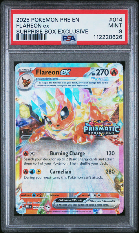 2025 Pokemon Pre En-Prismatic Evolutions #014 Flareon Ex Surprise Box PSA 9
