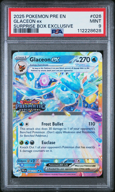 2025 Pokemon Pre En-Prismatic Evolutions #026 Glaceon Ex Surprise Box PSA 9