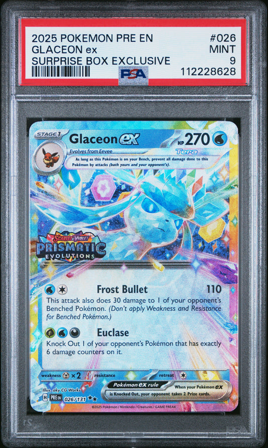 2025 Pokemon Pre En-Prismatic Evolutions #026 Glaceon Ex Surprise Box PSA 9