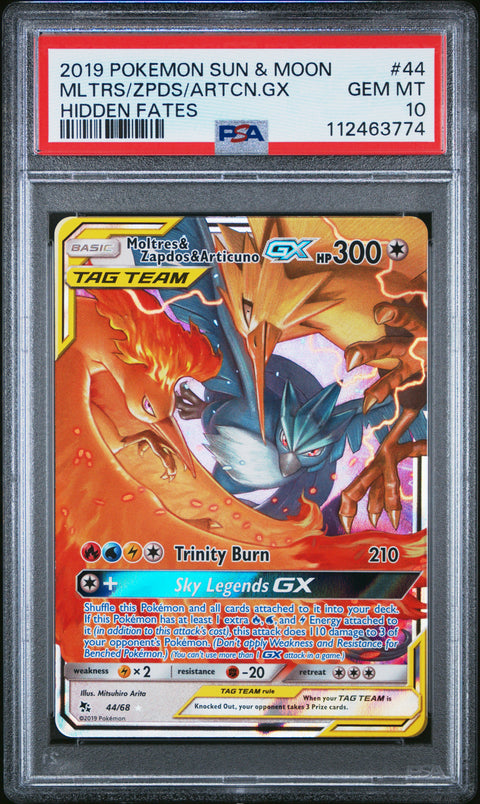 2019 Pokemon Sun & Moon Hidden Fates #44 Moltres/Zapdos/Articuno PSA 10