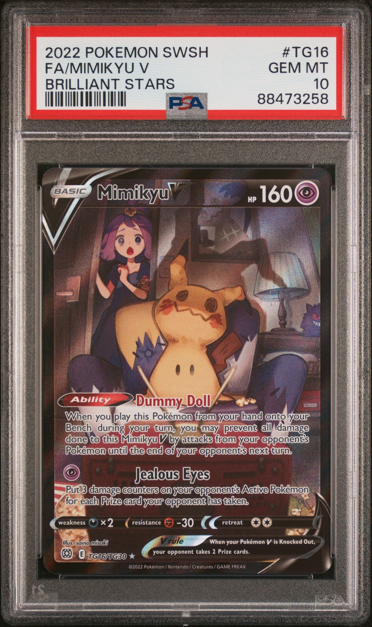 2022 Pokemon Sword & Shield Brilliant Stars #TG16 Fa/Mimikyu V PSA 10