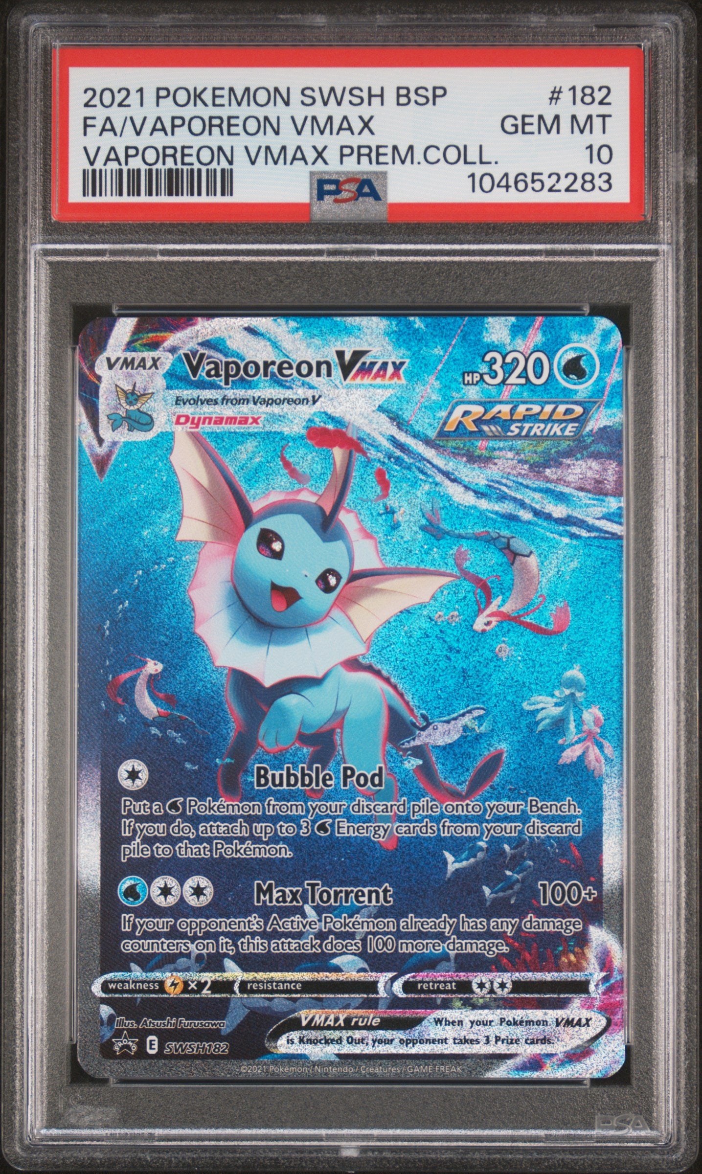2021 Pokemon Swsh Promo #182 Fa/Vaporeon Vmax Prem.Coll. PSA 10