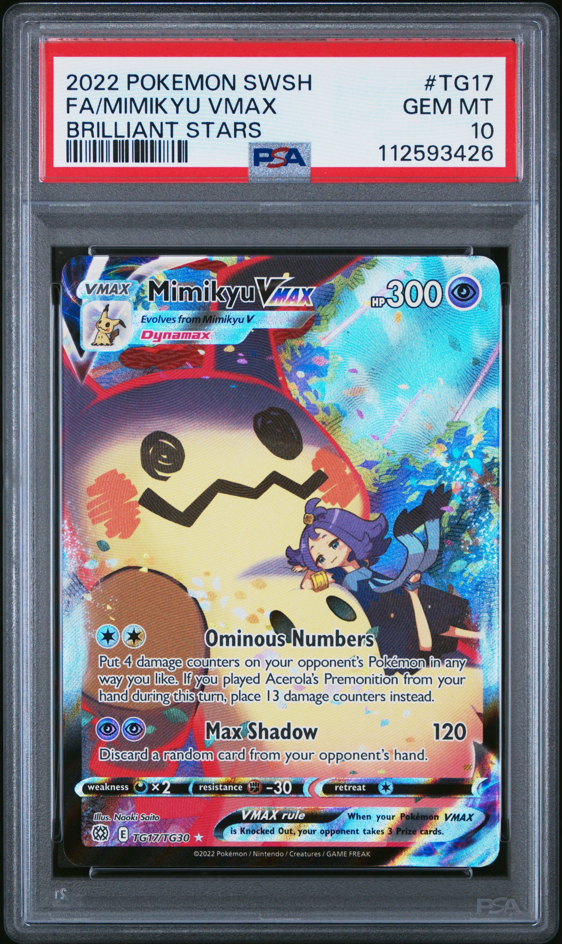 2022 Pokemon Sword & Shield Brilliant Stars #TG17 Fa/Mimikyu Vmax PSA 10