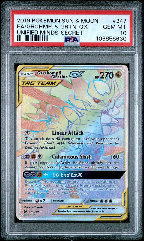 2019 Pokemon Sun & Moon Unified Minds #247 Garchomp & Giratina GX Secret PSA 10