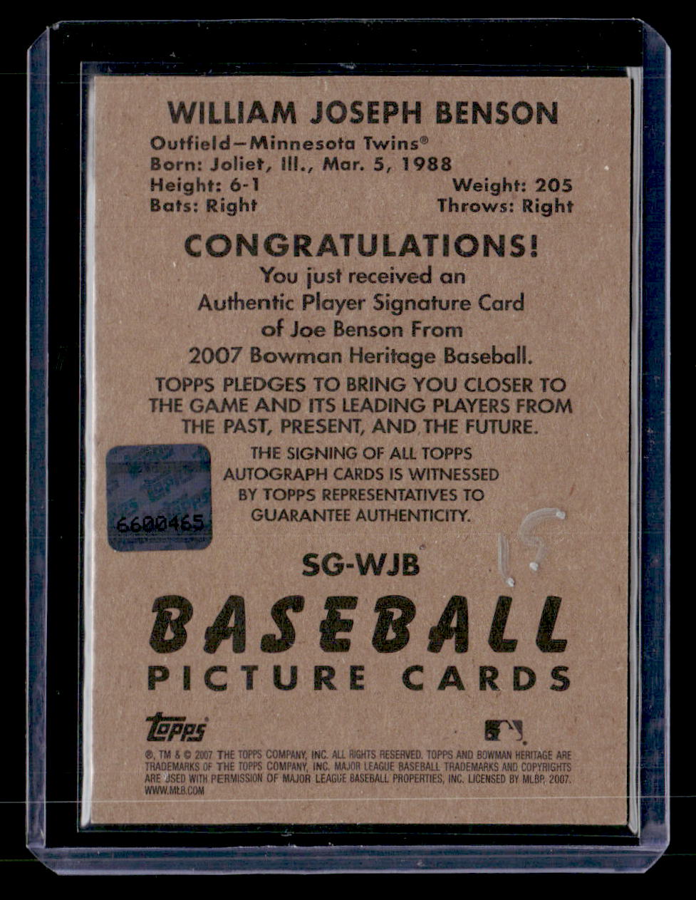 2007 Bowman Heritage #SG-WJB William Joseph Benson Signs Of Greatness