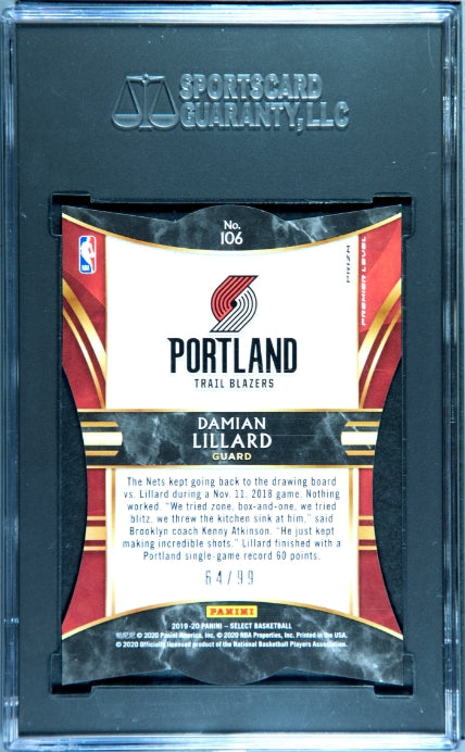 2019-20 Panini Select #106 Damian Lillard Purple Die-Cut Prizm SGC 10 6300714
