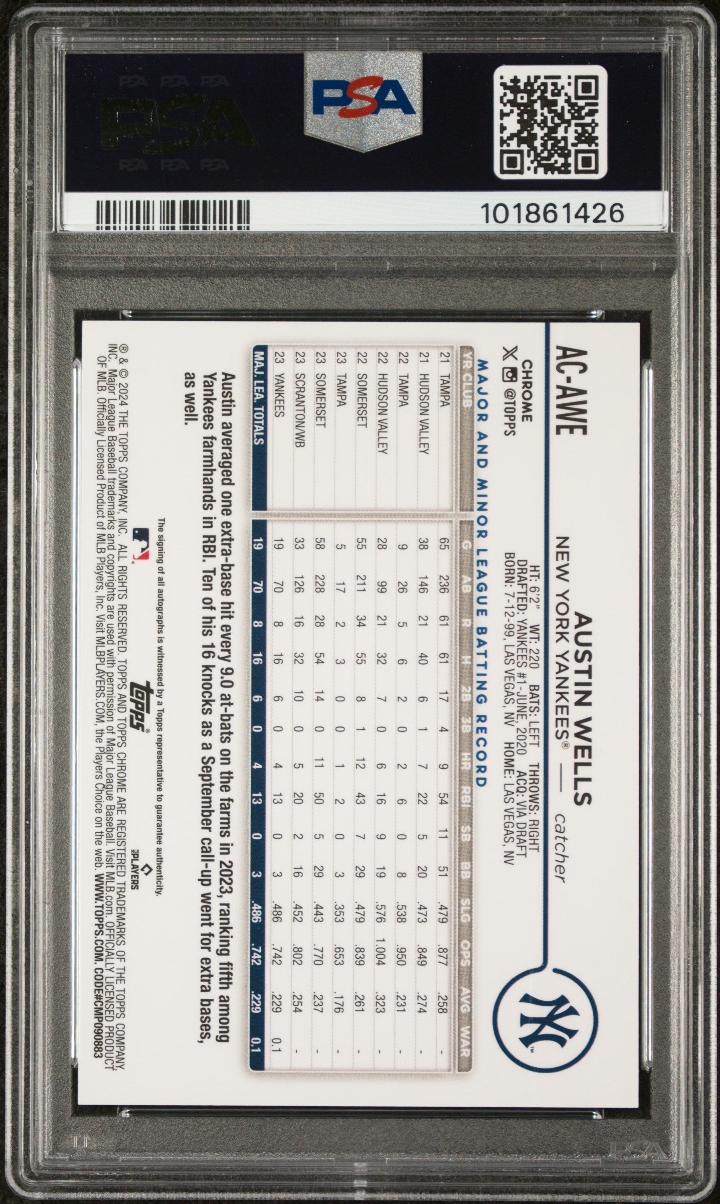 2024 Topps Chrome Update Series Autographs Austin Wells Purple Ref PSA 8