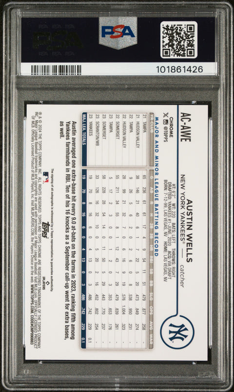 2024 Topps Chrome Update Series Autographs Austin Wells Purple Ref PSA 8