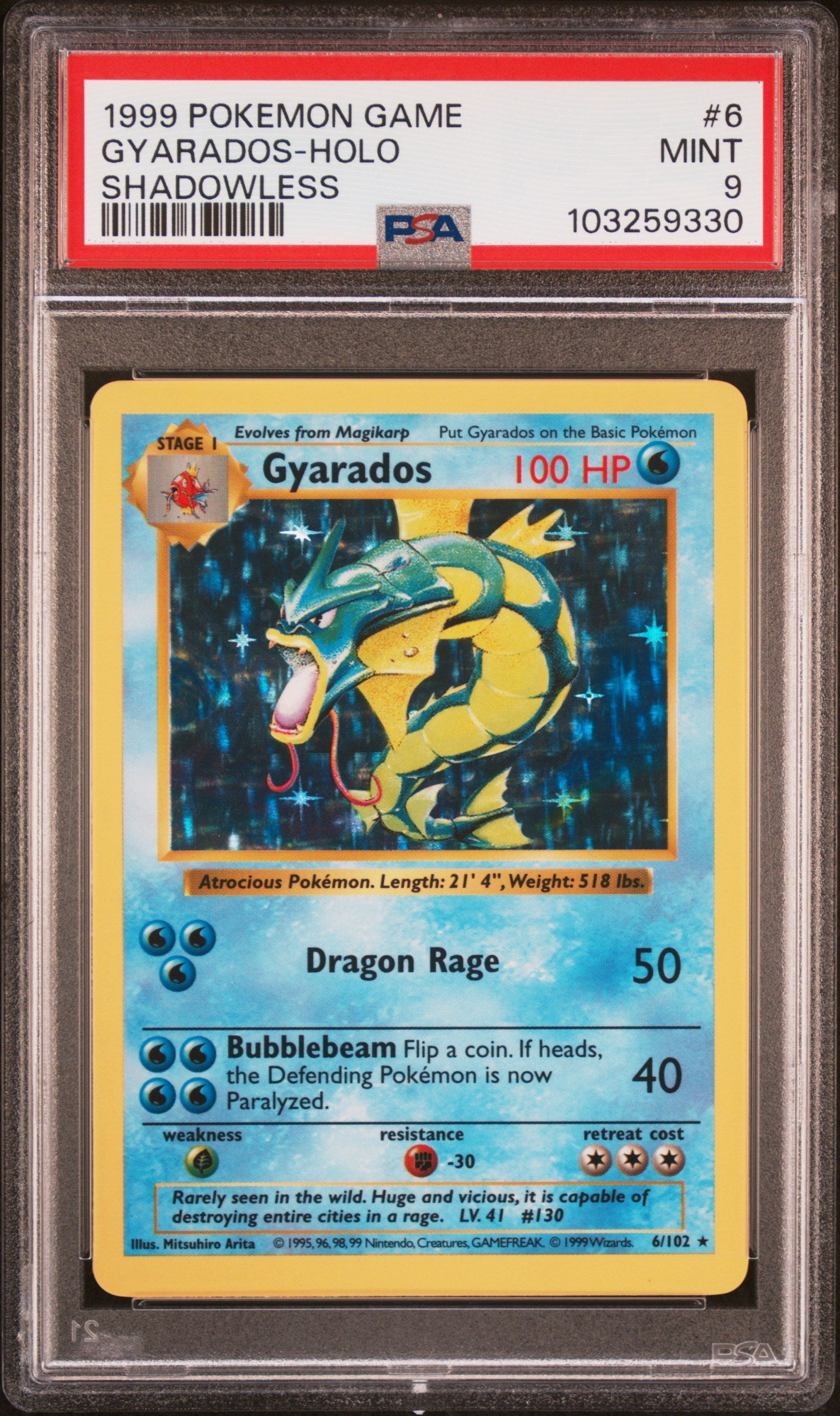 1999 Pokemon Base Set Unlimited #6 Gyarados-Holo Shadowless PSA 9