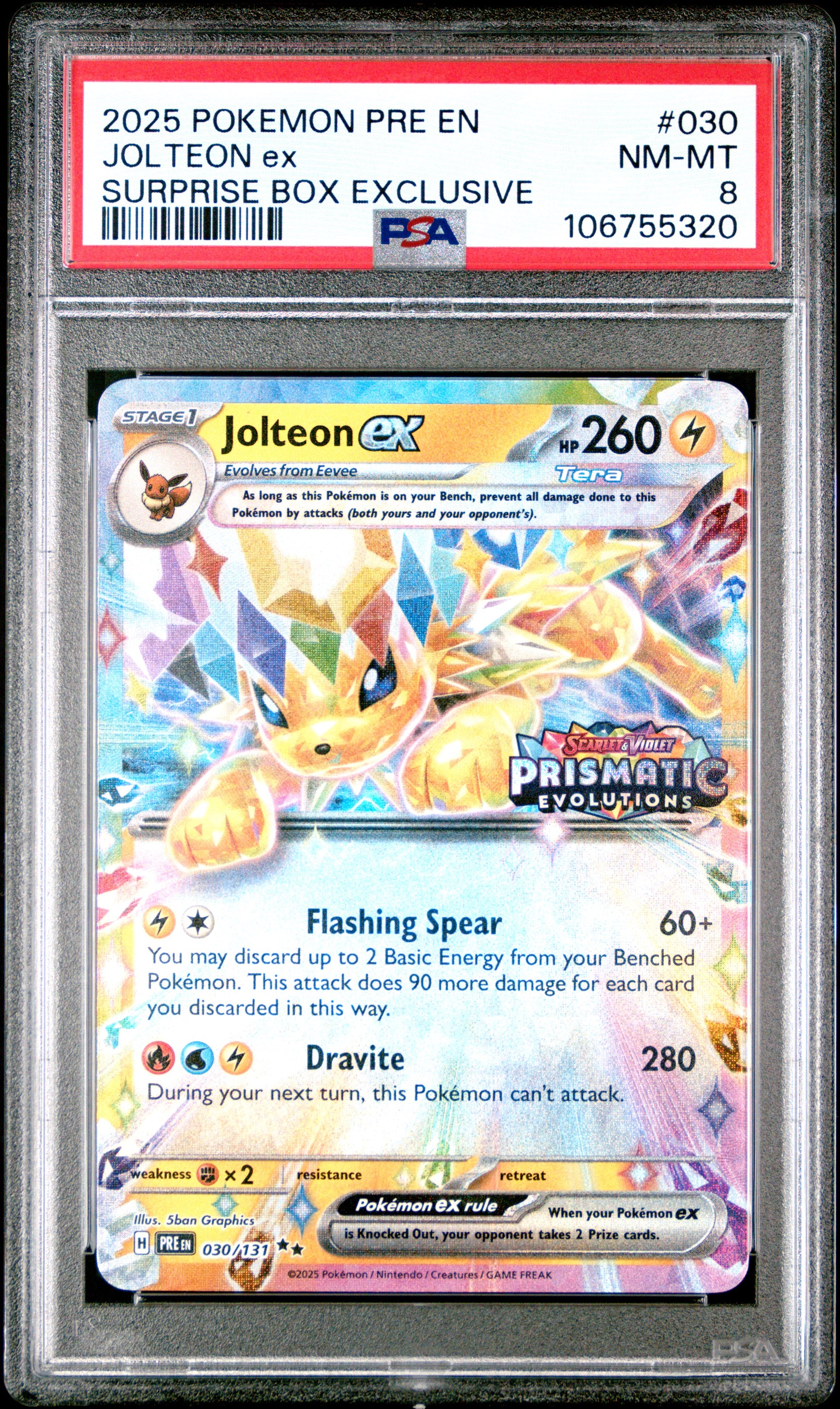 2025 Pokemon Surprise Box Stamped Prismatic Evolutions #030 Jolteon Ex PSA 8