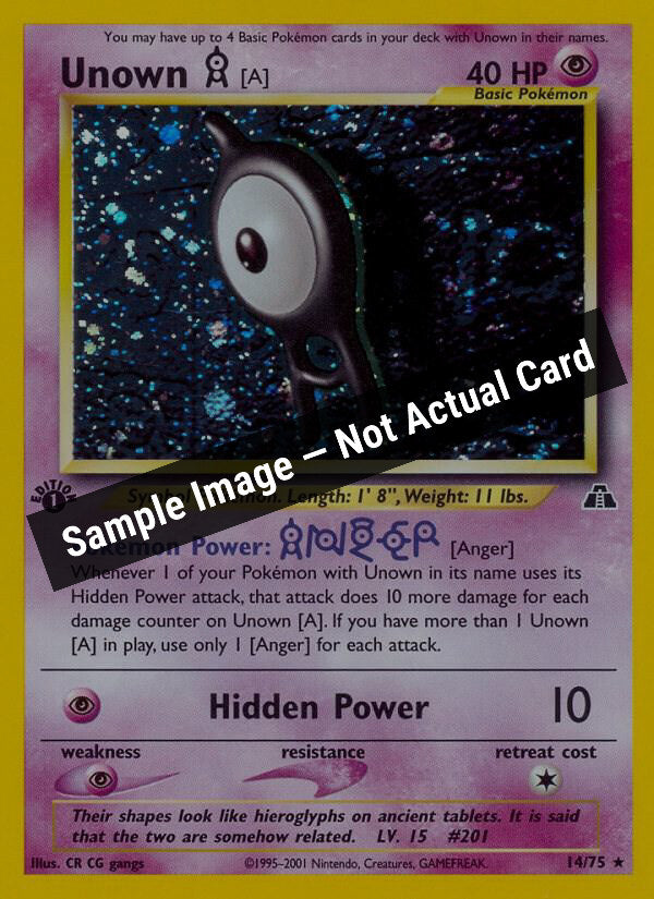 Pokemon,Neo Discovery,Unown [A] (14) - 14/75,Unlimited Holofoil,Moderately Played — Sample Image, Not Actual Card