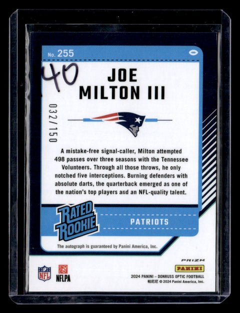 2024 Donruss Optic #255 Joe Milton III Rated Rookies RPS Autographs Holo #/150
