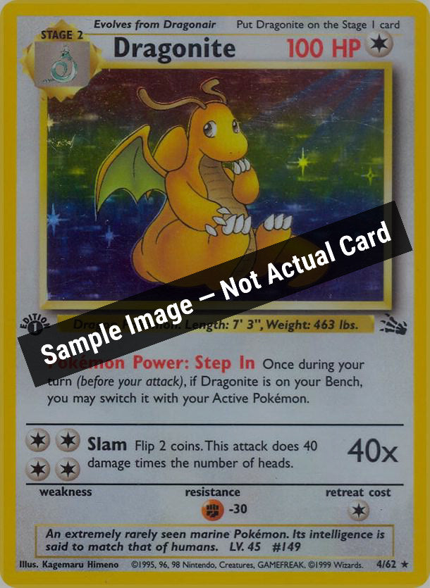 Pokemon,Fossil,Dragonite (4) - 04/62,1st Edition Holofoil,Lightly Played — Sample Image, Not Actual Card