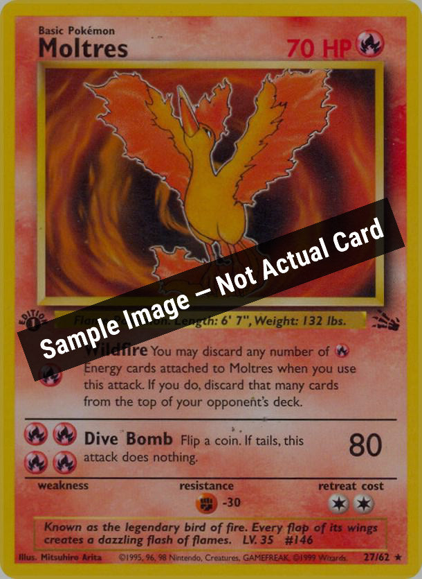 Pokemon,Fossil,Moltres (27) - 27/62,1st Edition,Moderately Played — Sample Image, Not Actual Card