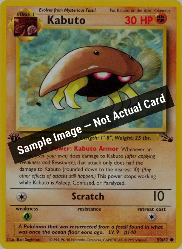 Pokemon,Fossil,Kabuto - 50/62,1st Edition,Lightly Played — Sample Image, Not Actual Card