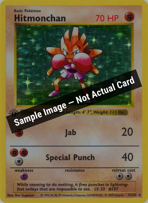 Pokemon,Base Set (Shadowless),Hitmonchan - 007/102,Unlimited Holofoil,Damaged — Sample Image, Not Actual Card