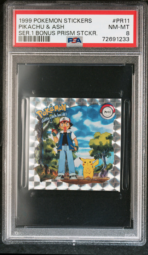 1999 Pokemon Stickers Series 1 Bonus Prism Stickers #PR11 Pikachu & Ash PSA 8