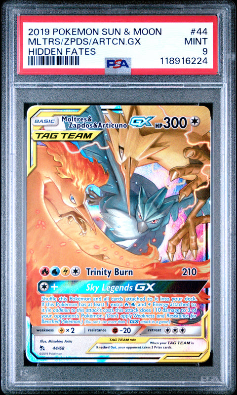 2019 Pokemon Sun & Moon Hidden Fates Mltrs/Zpds/Artcn.Gx #44 PSA 9