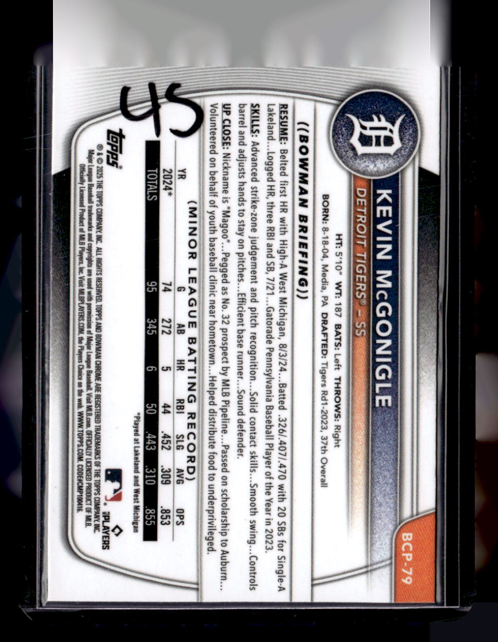 2025 Bowman #BCP-79 Kevin McGonigle Chrome Prospects Mojo Refractor