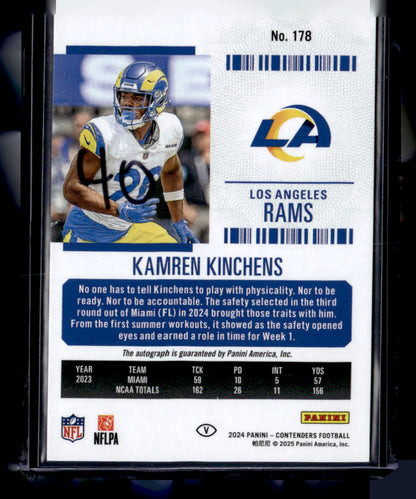 2024 Panini Contenders #178 Kamren Kinchens Cracked Ice Rookie Ticket /25